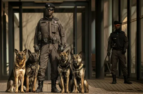 Guard dog service. Image of a guard and 4 dogs